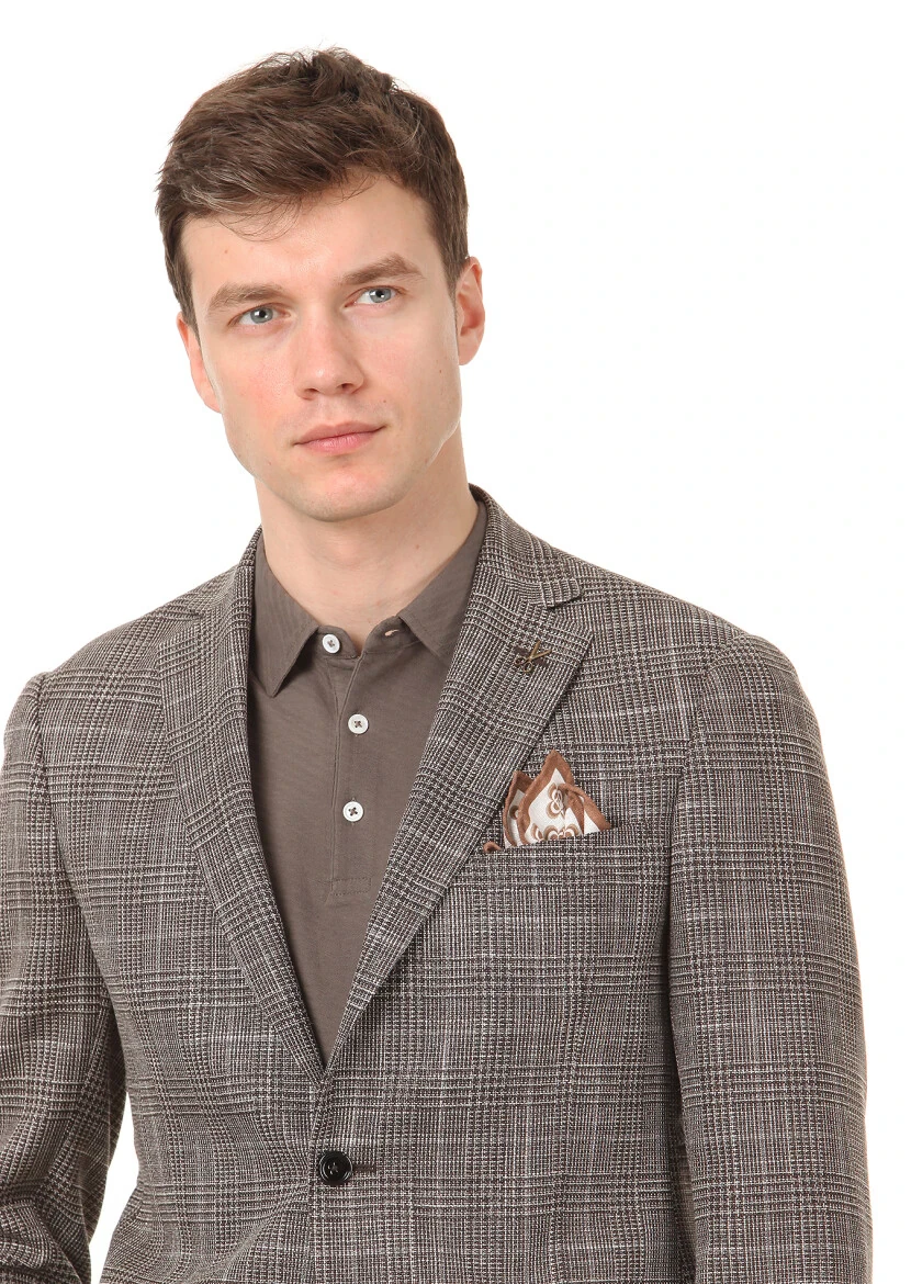 Brown Checkered Regular Fit Silk Blended Jacket - 3
