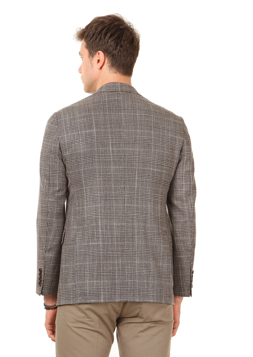 Brown Checkered Regular Fit Silk Blended Jacket - 4