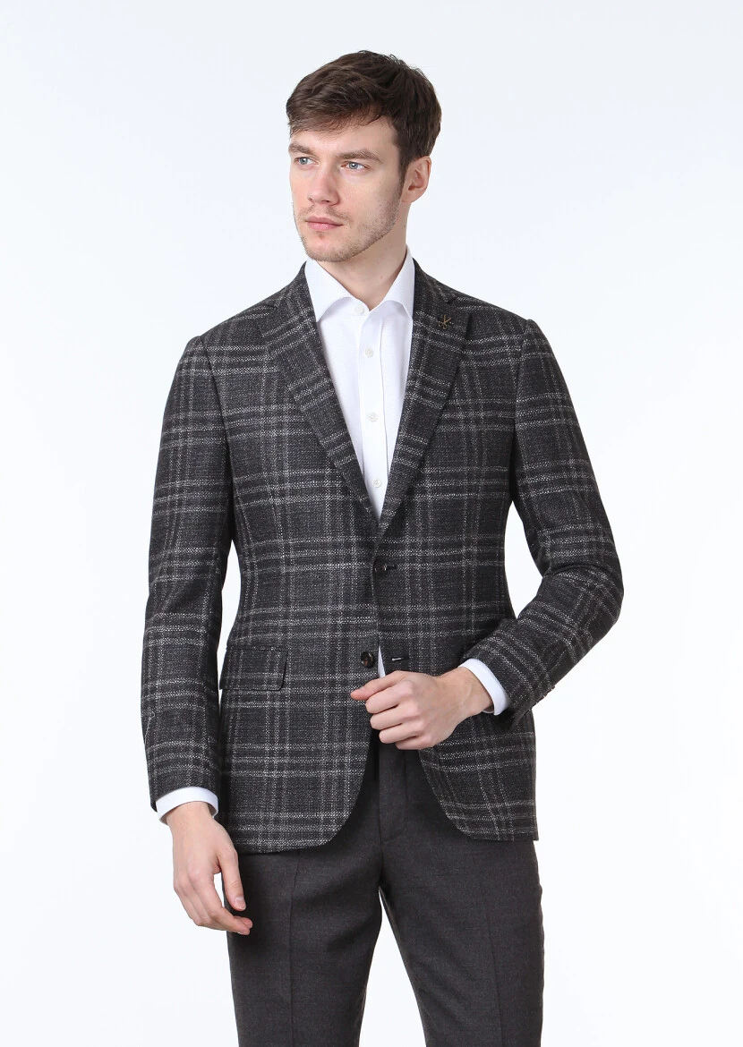 Brown Checkered Regular Fit Silk Blended Jacket - 1