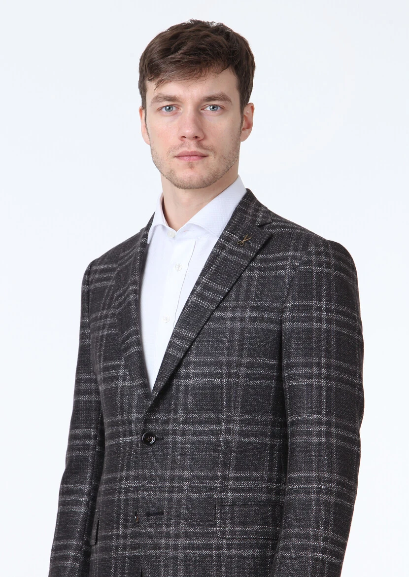 Brown Checkered Regular Fit Silk Blended Jacket - 2