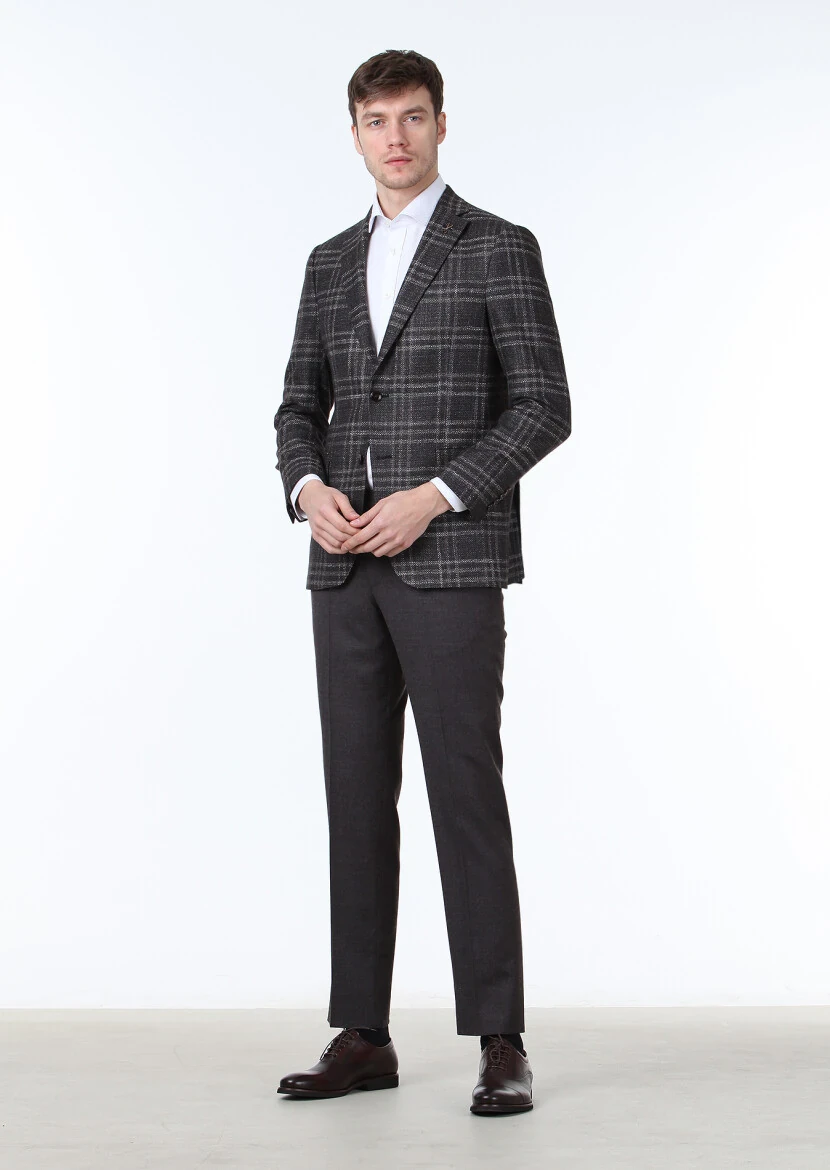 Brown Checkered Regular Fit Silk Blended Jacket - 3