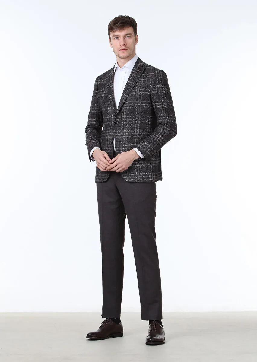 Brown Checkered Regular Fit Silk Blended Jacket - 3