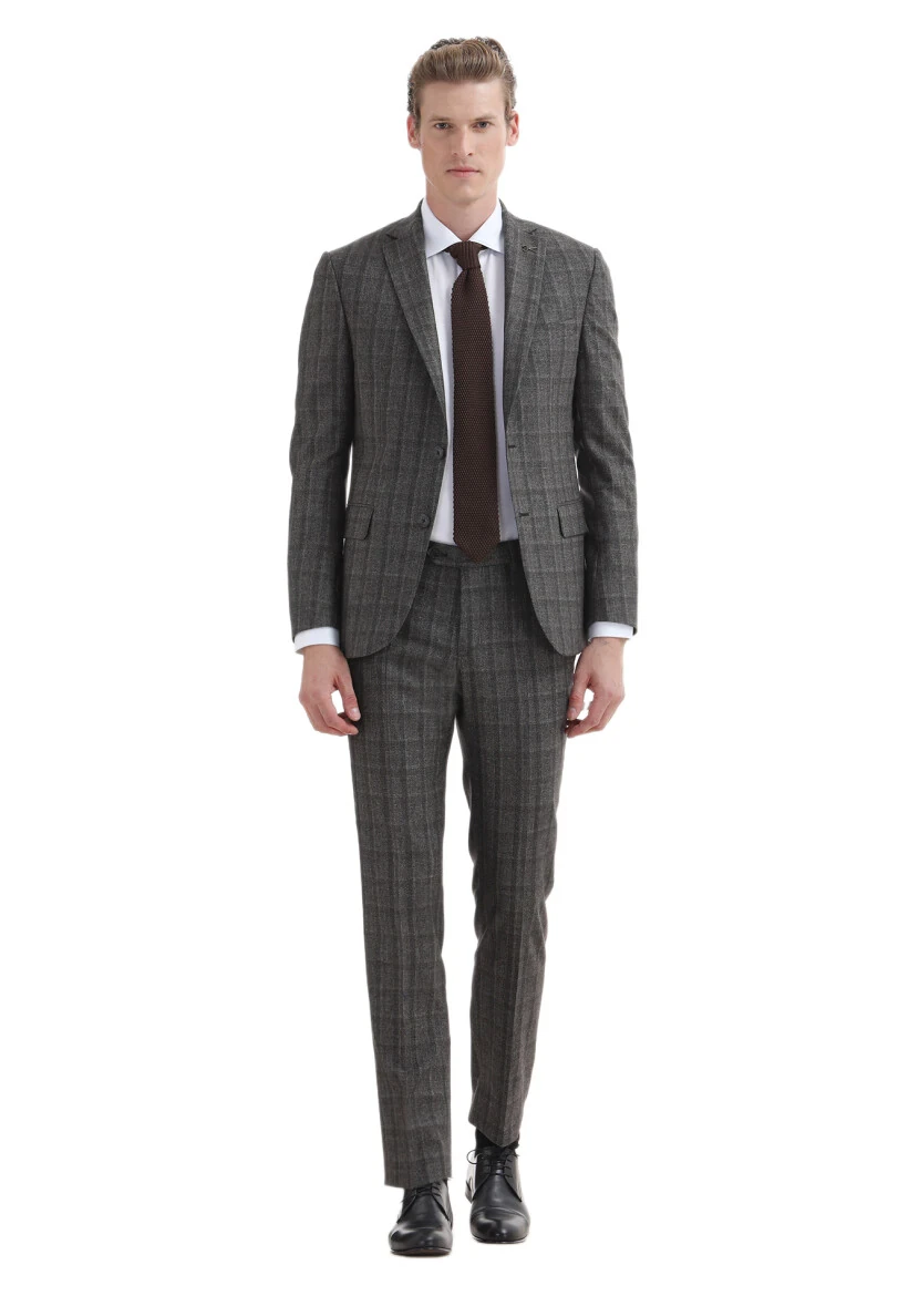 Brown Checkered Zeroweight Slim Fit 100% Wool Suit - 1