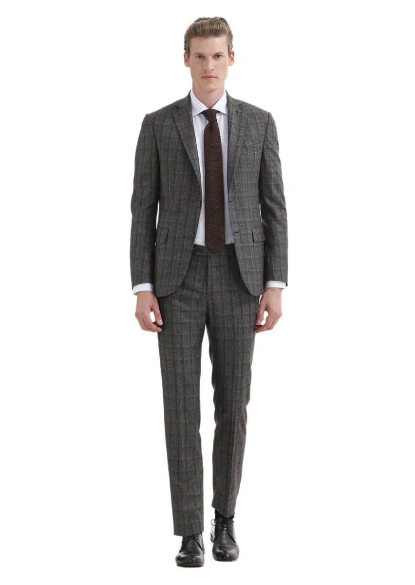 Brown Checkered Zeroweight Slim Fit 100% Wool Suit - 1