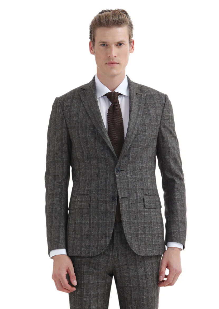 Brown Checkered Zeroweight Slim Fit 100% Wool Suit - 2
