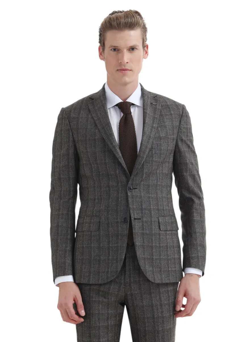 Brown Checkered Zeroweight Slim Fit 100% Wool Suit - 2