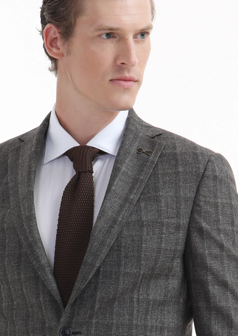 Brown Checkered Zeroweight Slim Fit 100% Wool Suit - 3