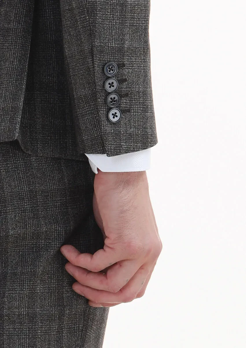 Brown Checkered Zeroweight Slim Fit 100% Wool Suit - 4