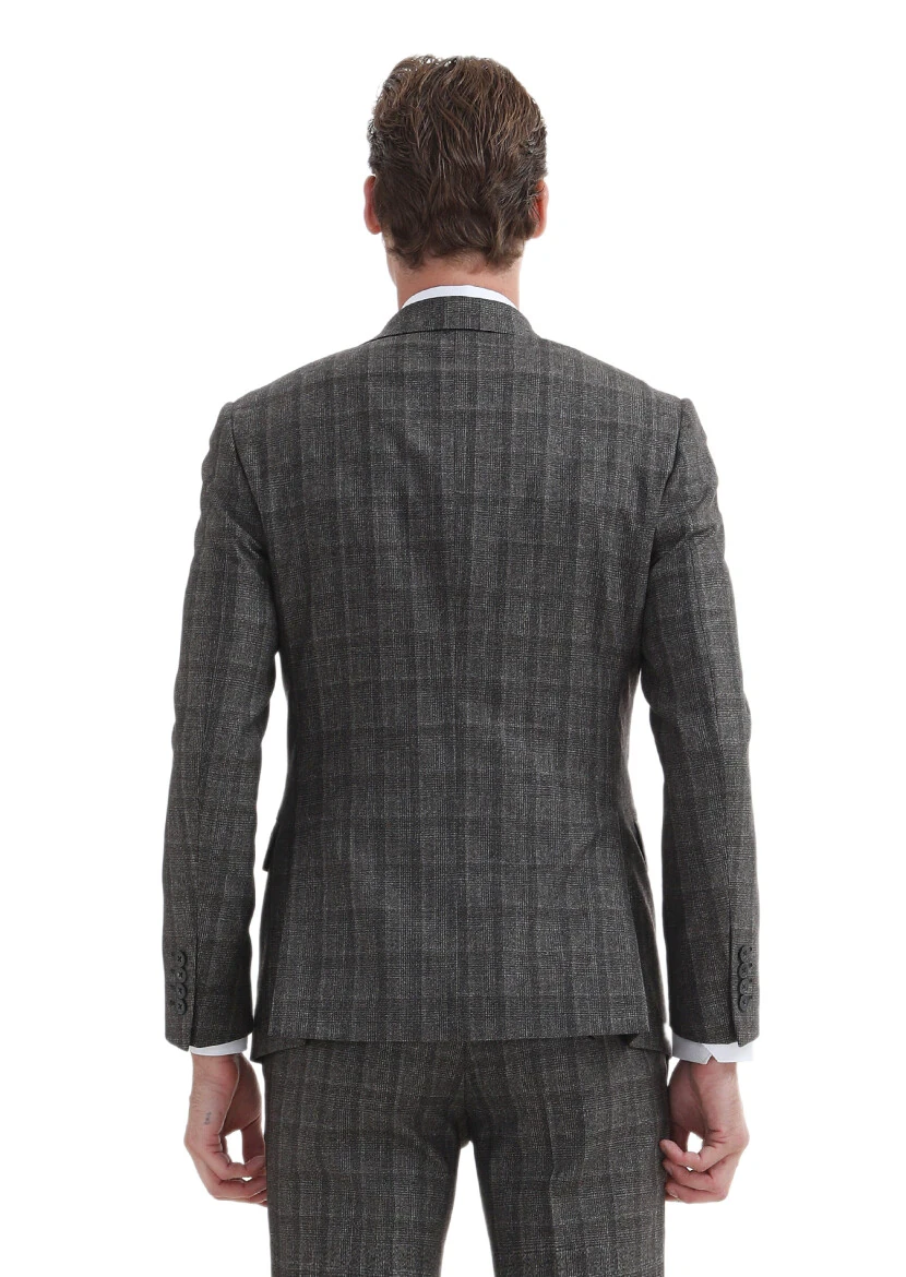 Brown Checkered Zeroweight Slim Fit 100% Wool Suit - 5