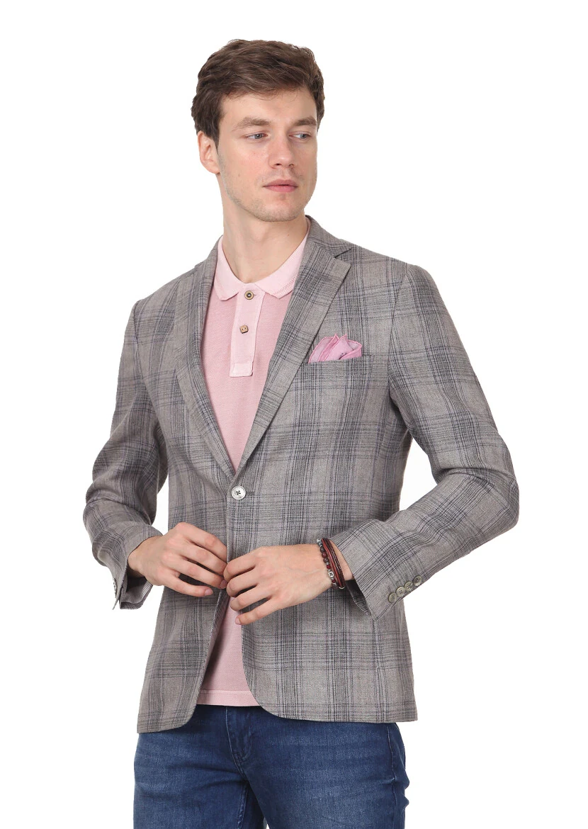 Brown Checkered Zeroweight Slim Fit Cotton Blended Jacket - 1