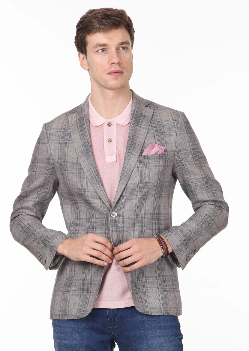 Brown Checkered Zeroweight Slim Fit Cotton Blended Jacket - 2
