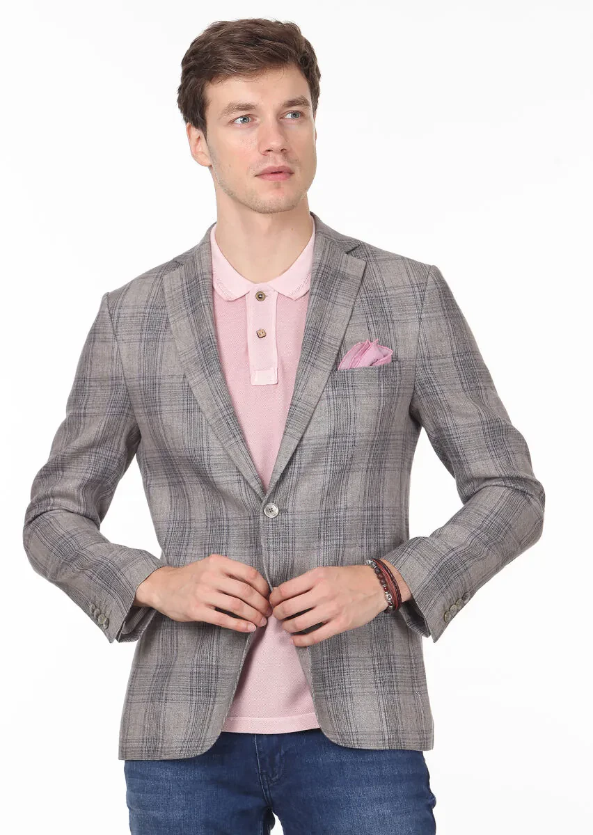 Brown Checkered Zeroweight Slim Fit Cotton Blended Jacket - 2