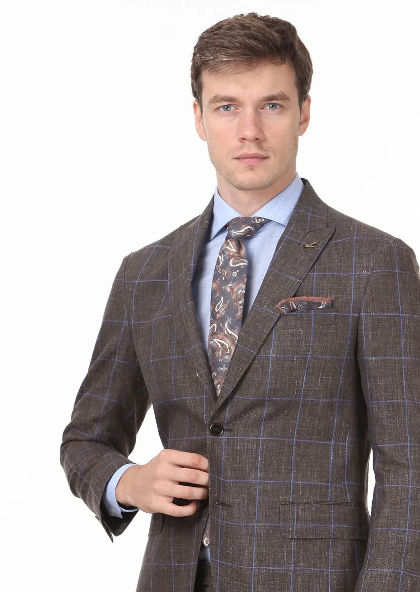 Brown Checkered Zeroweight Slim Fit Wool Blended Suit - 1