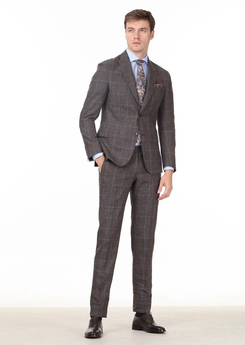 Brown Checkered Zeroweight Slim Fit Wool Blended Suit - 3