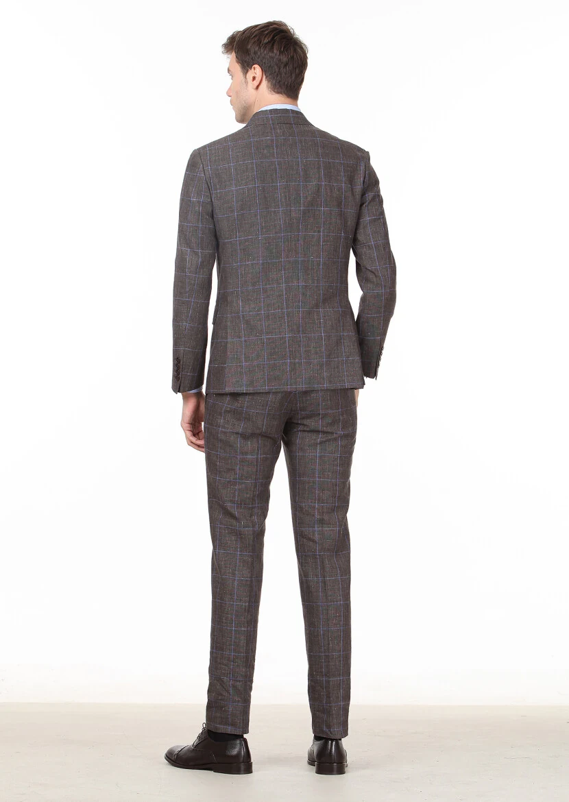 Brown Checkered Zeroweight Slim Fit Wool Blended Suit - 4