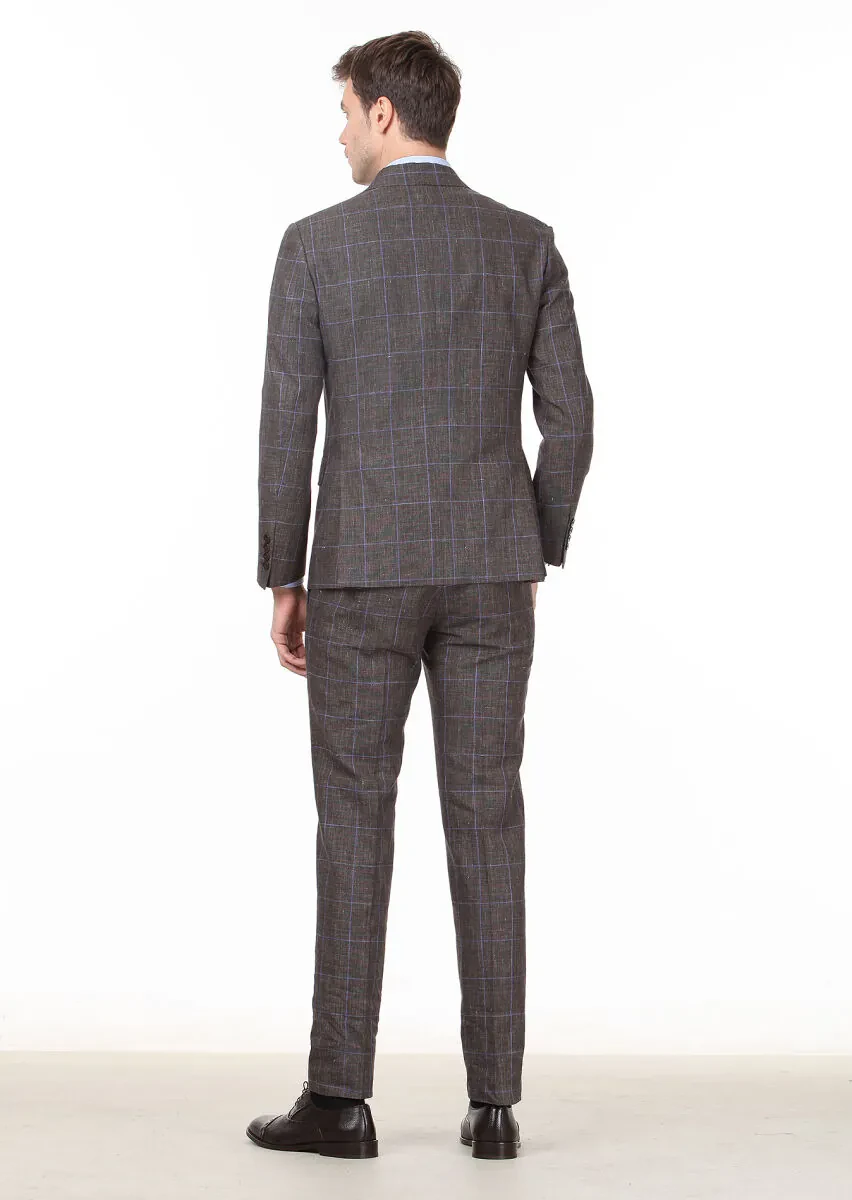 Brown Checkered Zeroweight Slim Fit Wool Blended Suit - 4