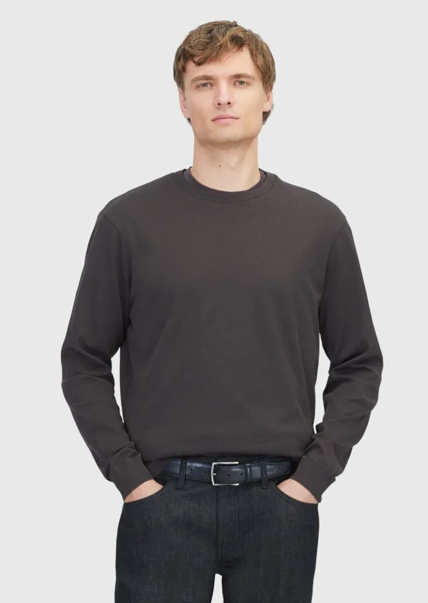 Brown Crew Neck Plain Sweatshirt - 1