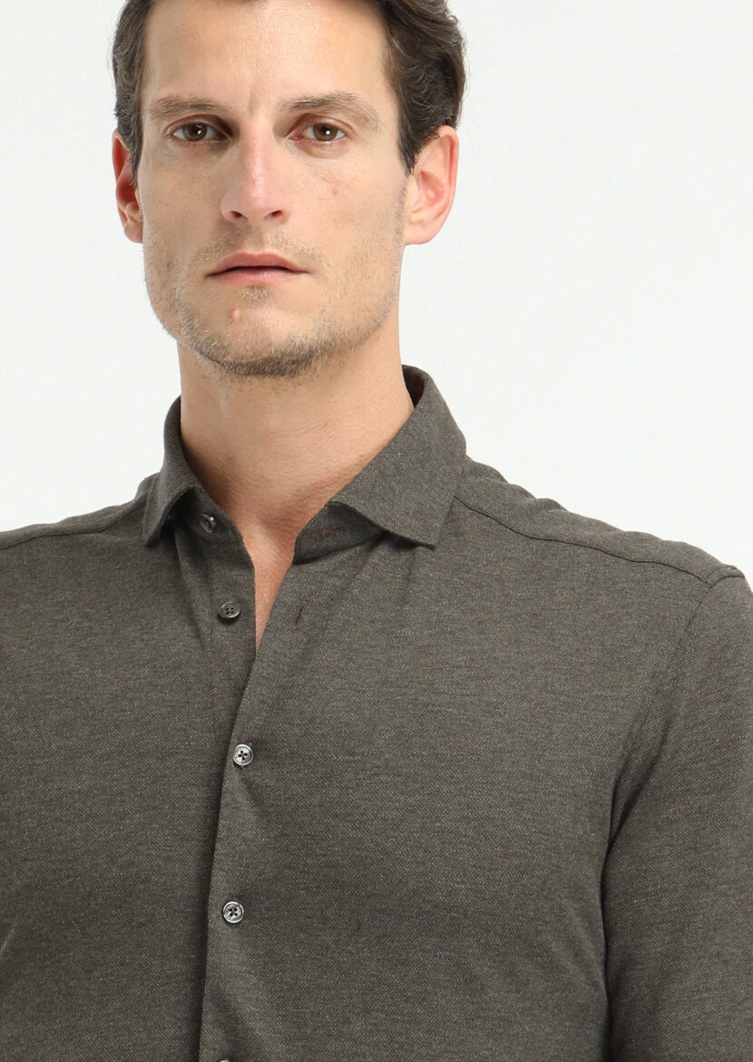 Brown Fitted Fit Knitting Casual 100% Cotton Shirt - 2