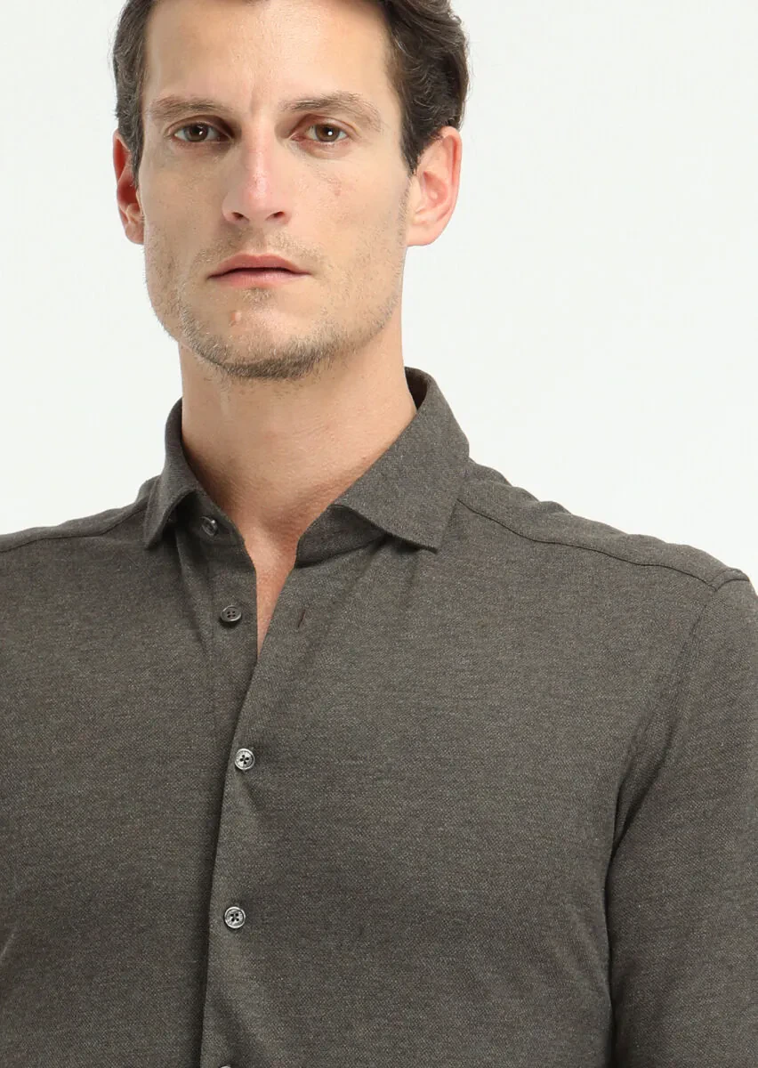 Brown Fitted Fit Knitting Casual 100% Cotton Shirt - 2