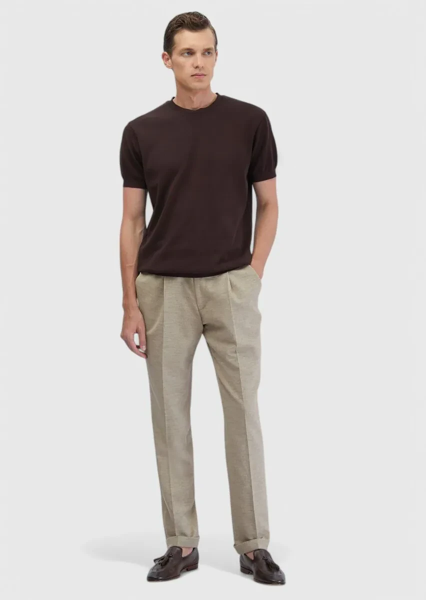 Brown Jacquard Crew Neck 100% Cotton T-Shirt - 2