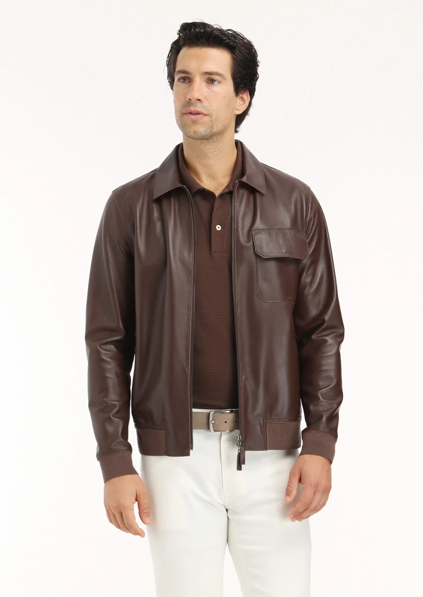 Brown Jacquard Cuban Collar 100% Cotton T-Shirt - 4