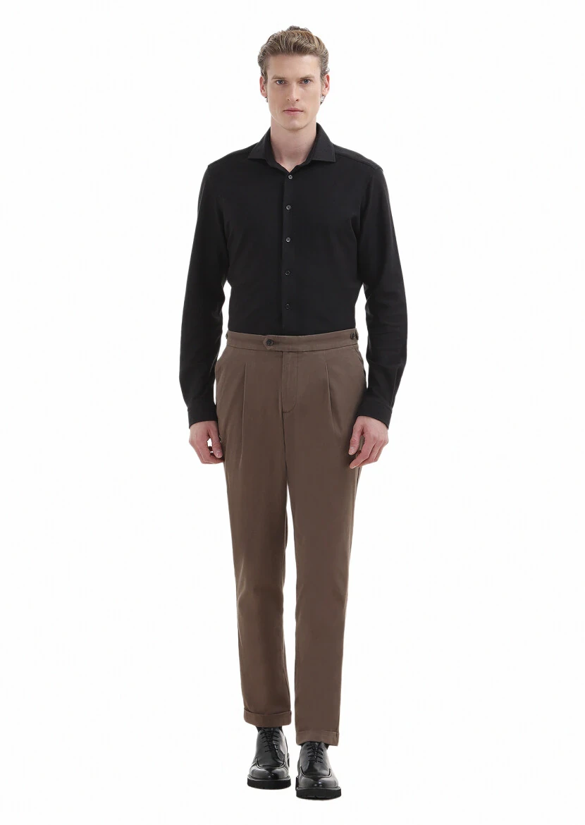 Brown Material Carrot Fit Casual Cotton Blended Trousers - RAMSEY