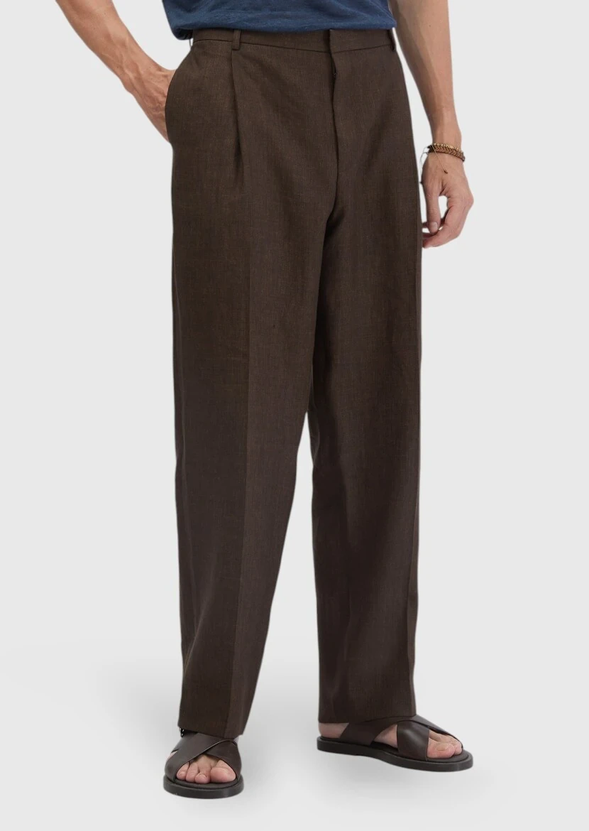Brown Material Regular Fit Casual 100% Linen Trousers - RAMSEY
