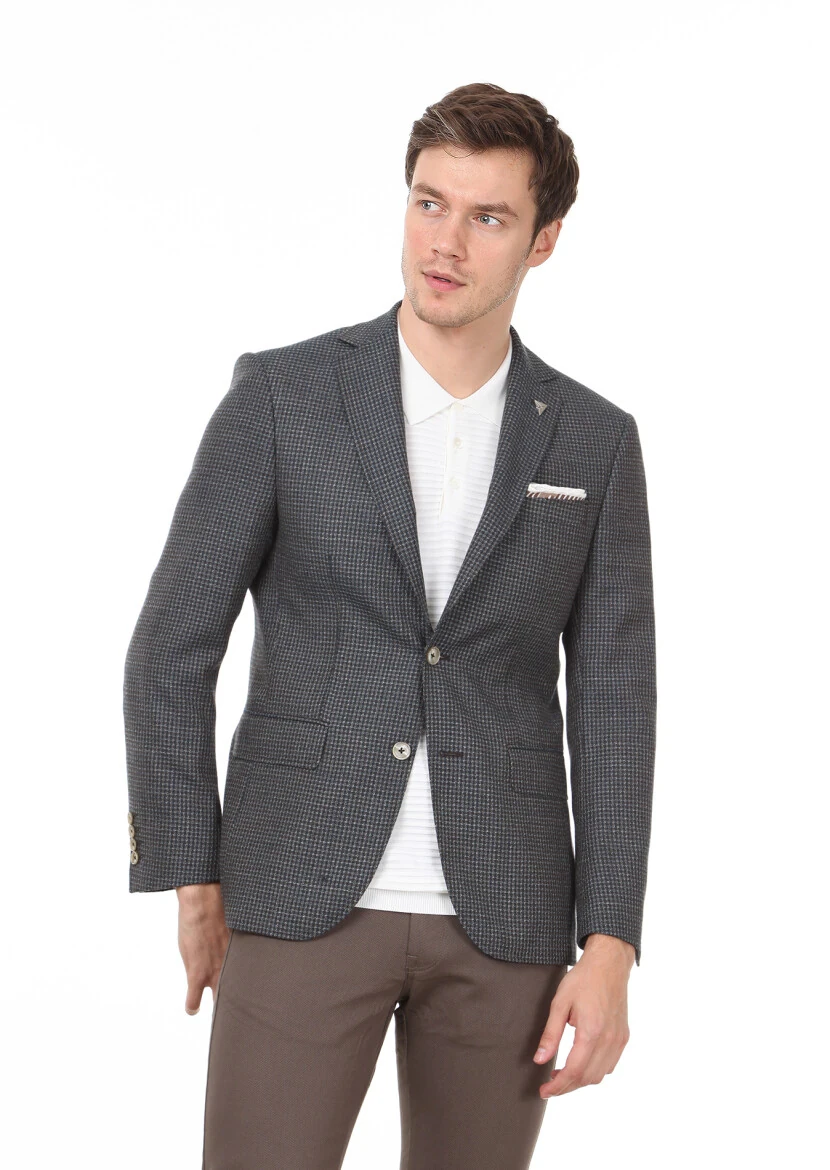 Brown Patterned Modern Fit 100% Wool Jacket - 1