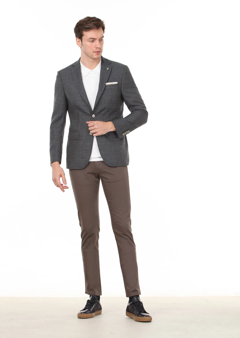 Brown Patterned Modern Fit 100% Wool Jacket - 3