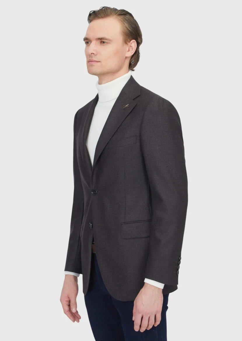 Brown Patterned Regular Fit 100% Wool Jacket - 3