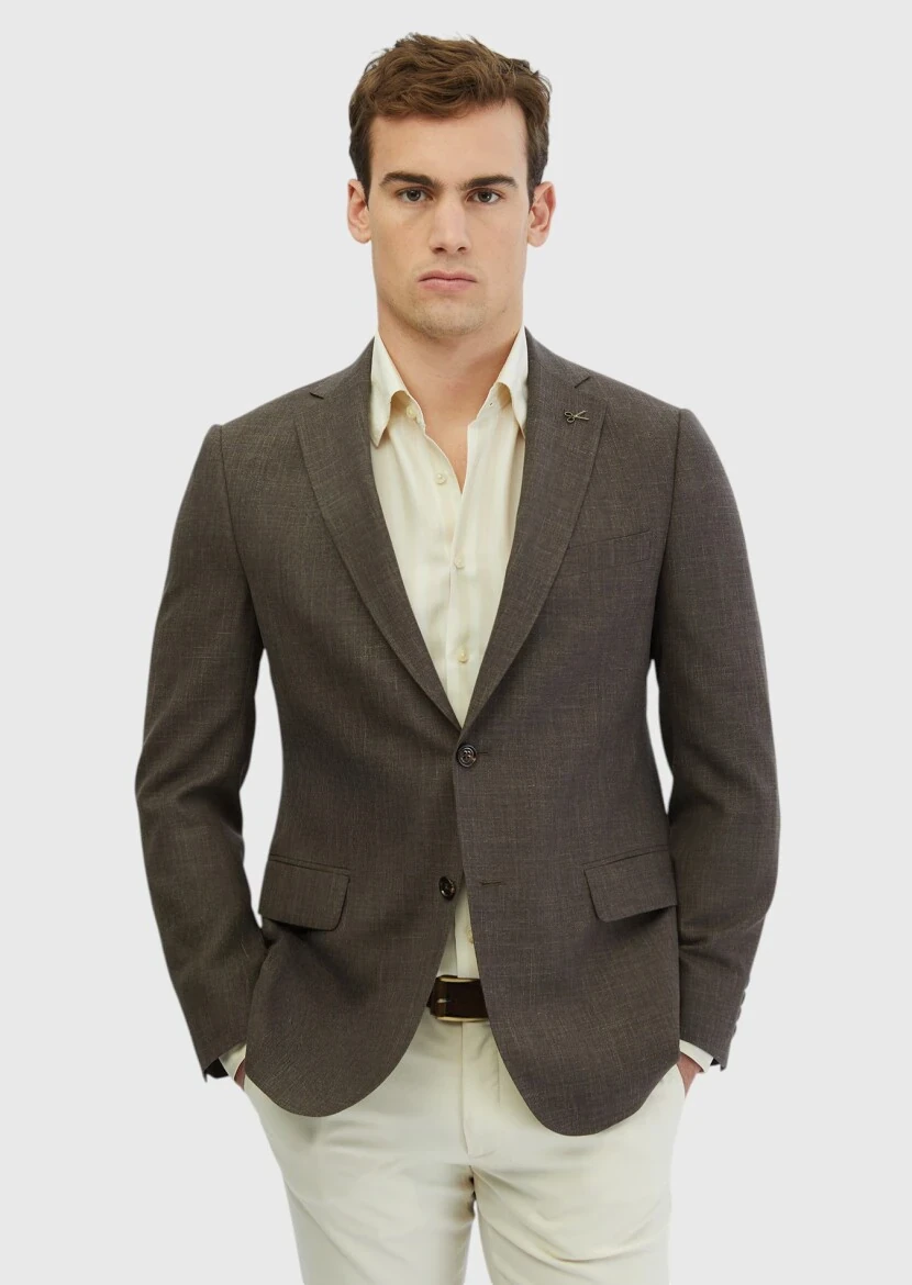 Brown Patterned Regular Fit Silk Blended Jacket - RAMSEY