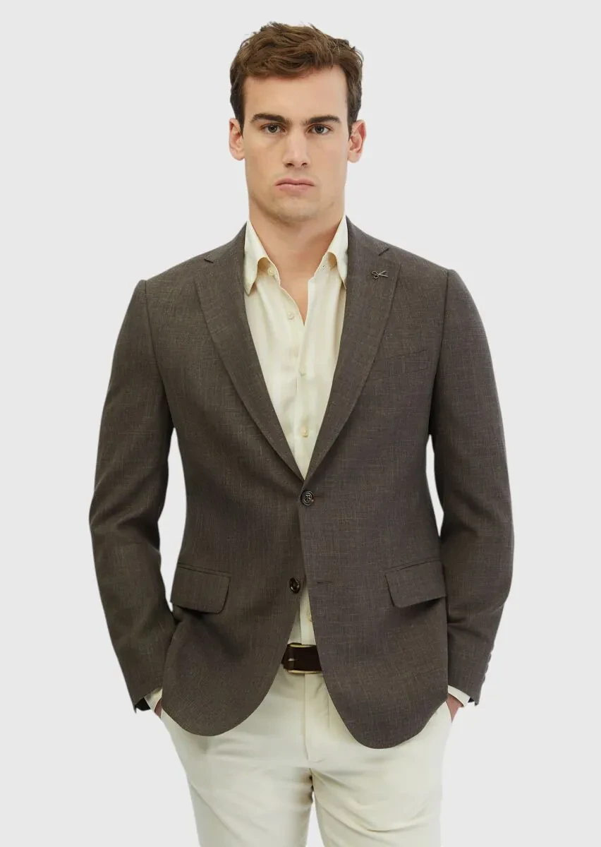 Brown Patterned Regular Fit Silk Blended Jacket - 1