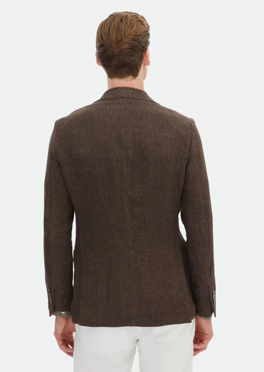 Brown Patterned Shirt Shoulder Slim Fit 100% Linen Jacket - 7