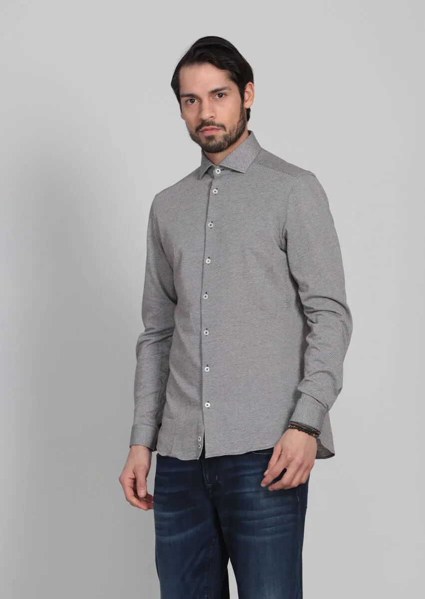 Brown Patterned Slim Fit Knitting Casual 100% Cotton Shirt - 1