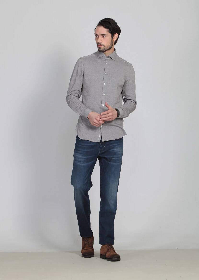 Brown Patterned Slim Fit Knitting Casual 100% Cotton Shirt - 3