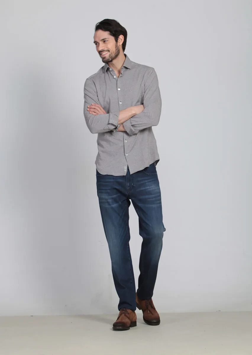 Brown Patterned Slim Fit Knitting Casual 100% Cotton Shirt - 4