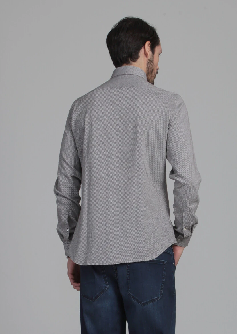 Brown Patterned Slim Fit Knitting Casual 100% Cotton Shirt - 7