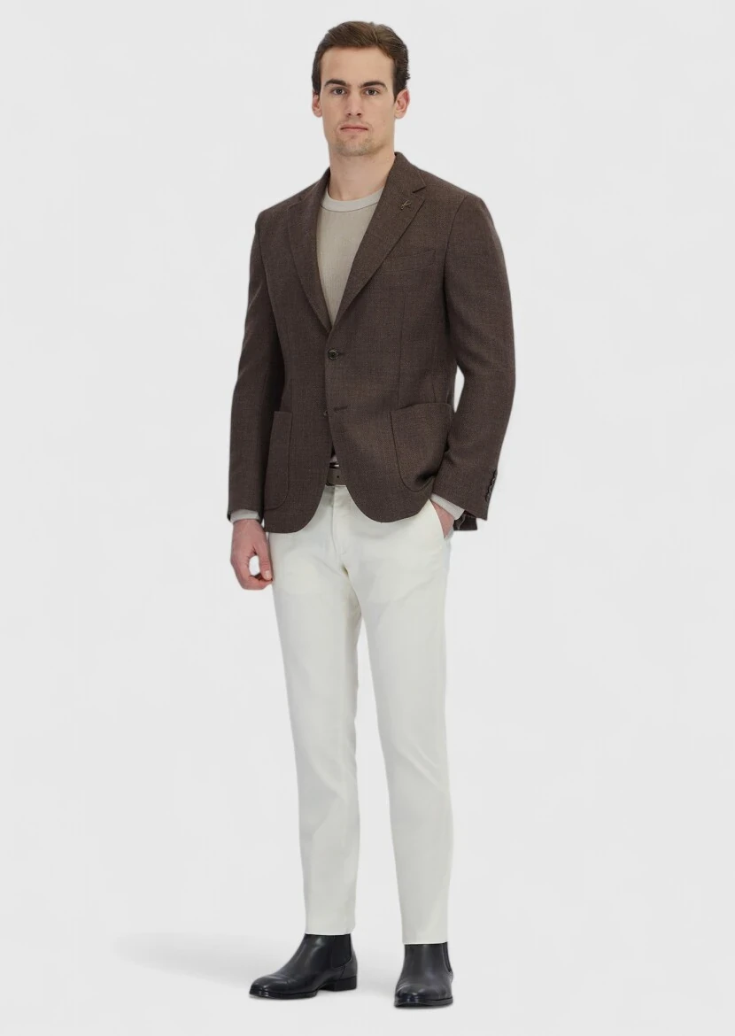 Brown Patterned Zeroweight Slim Fit 100% Wool Jacket - RAMSEY