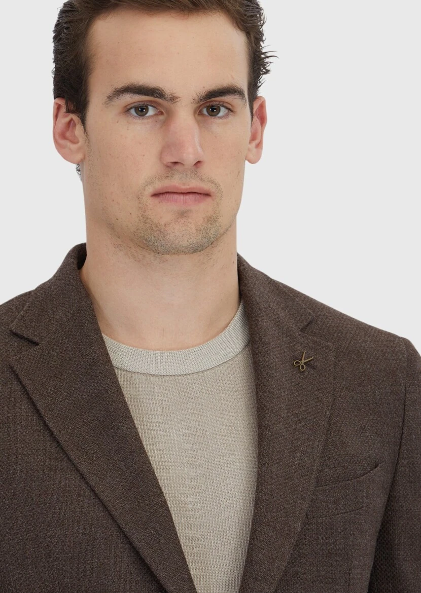 Brown Patterned Zeroweight Slim Fit 100% Wool Jacket - 3