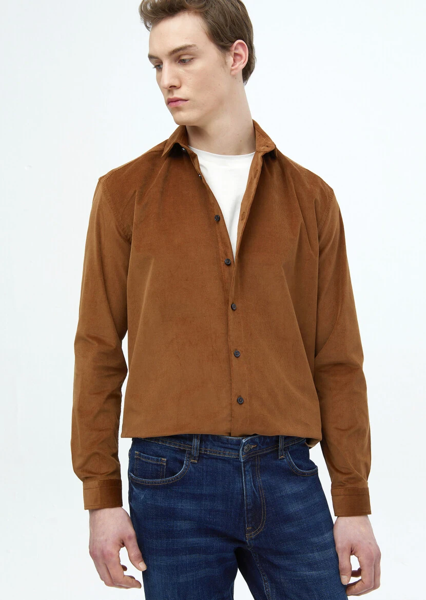 Brown Plain Casual Fit Weaving Casual 100% Cotton Shirt - RAMSEY