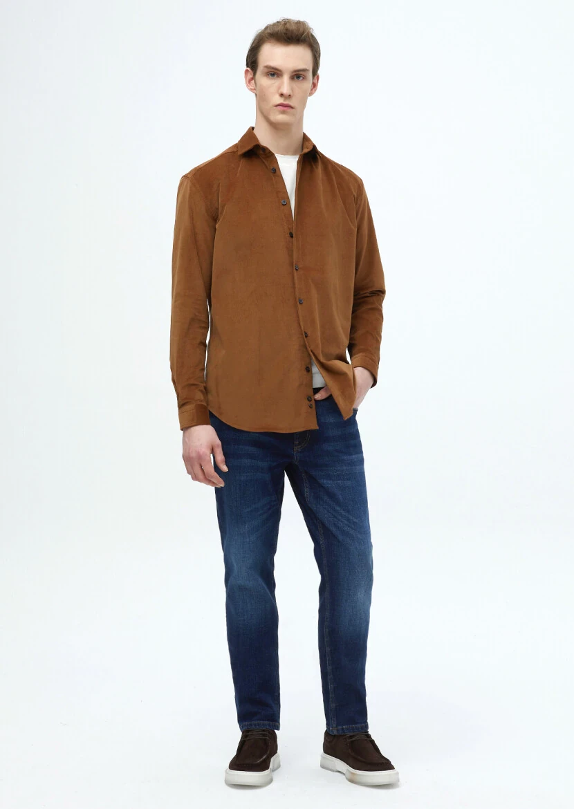 Brown Plain Casual Fit Weaving Casual 100% Cotton Shirt 