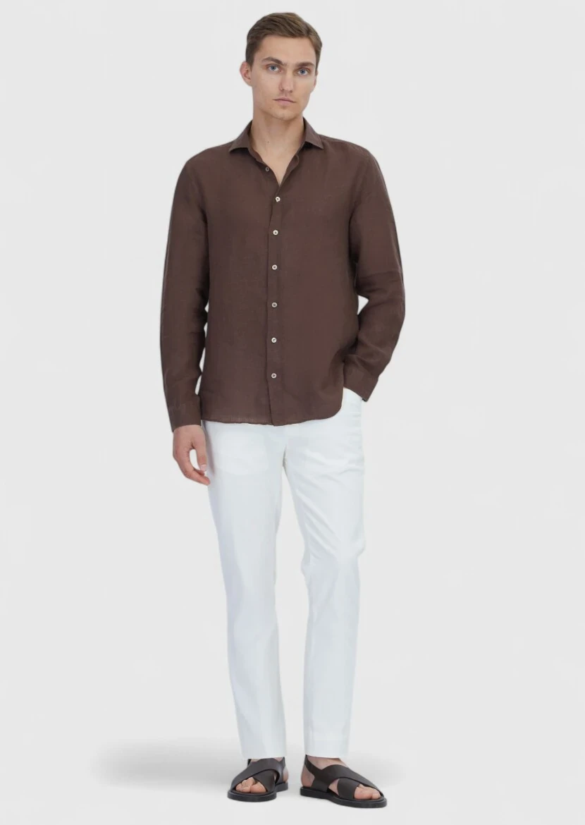 Brown Plain Casual Fit Weaving Casual 100% Linen Shirt - RAMSEY