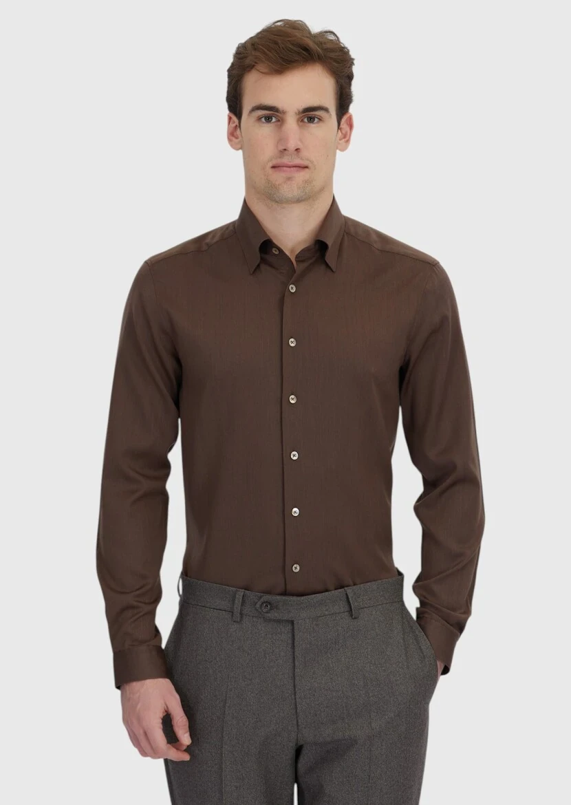 Brown Plain Casual Fit Weaving Casual Silk Blended Shirt - RAMSEY