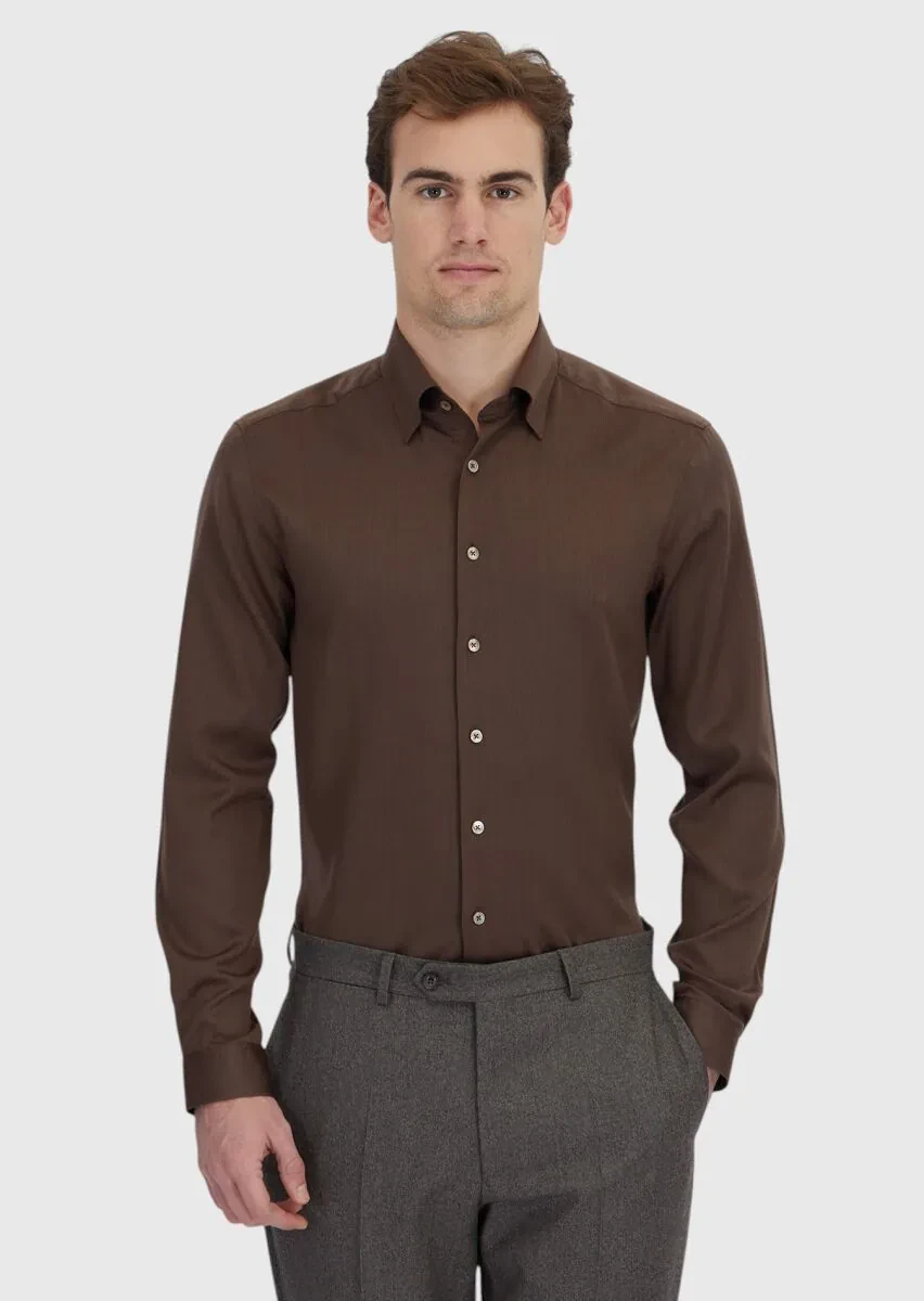 Brown Plain Casual Fit Weaving Casual Silk Blended Shirt - 1