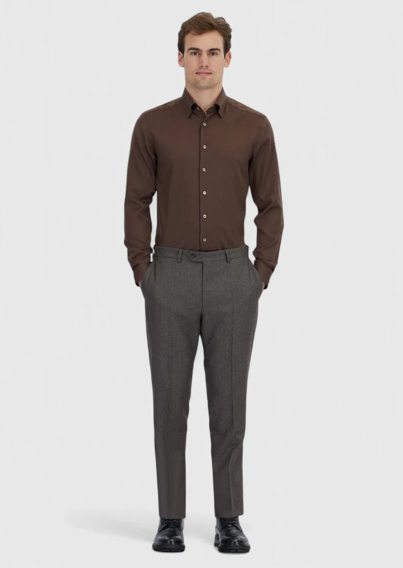 Brown Plain Casual Fit Weaving Casual Silk Blended Shirt - RAMSEY