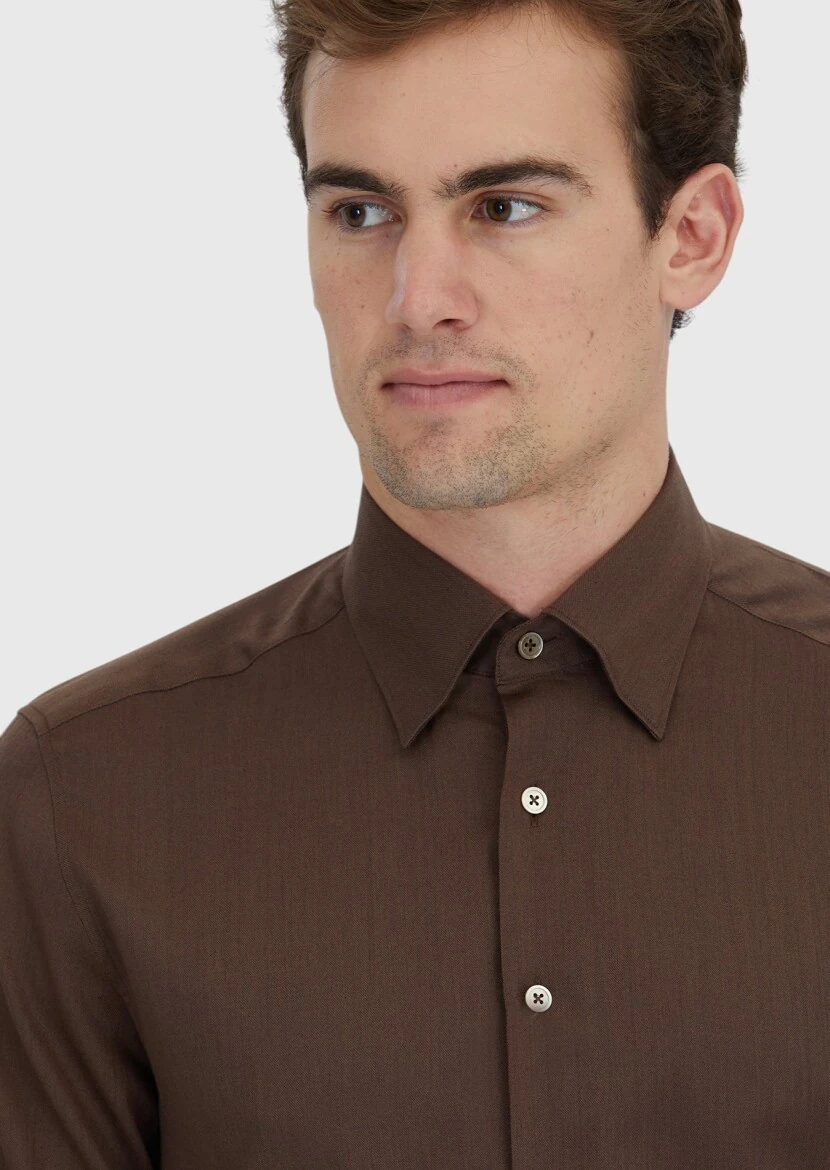 Brown Plain Casual Fit Weaving Casual Silk Blended Shirt - 3