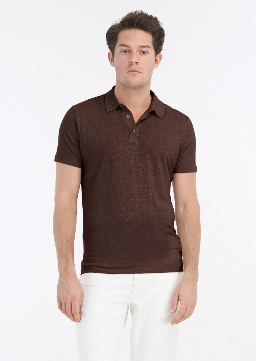Brown Plain Polo Neck 100% Linen T-Shirt - 1