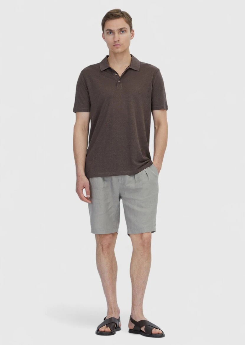 Brown Plain Polo Neck 100% Linen T-Shirt - RAMSEY