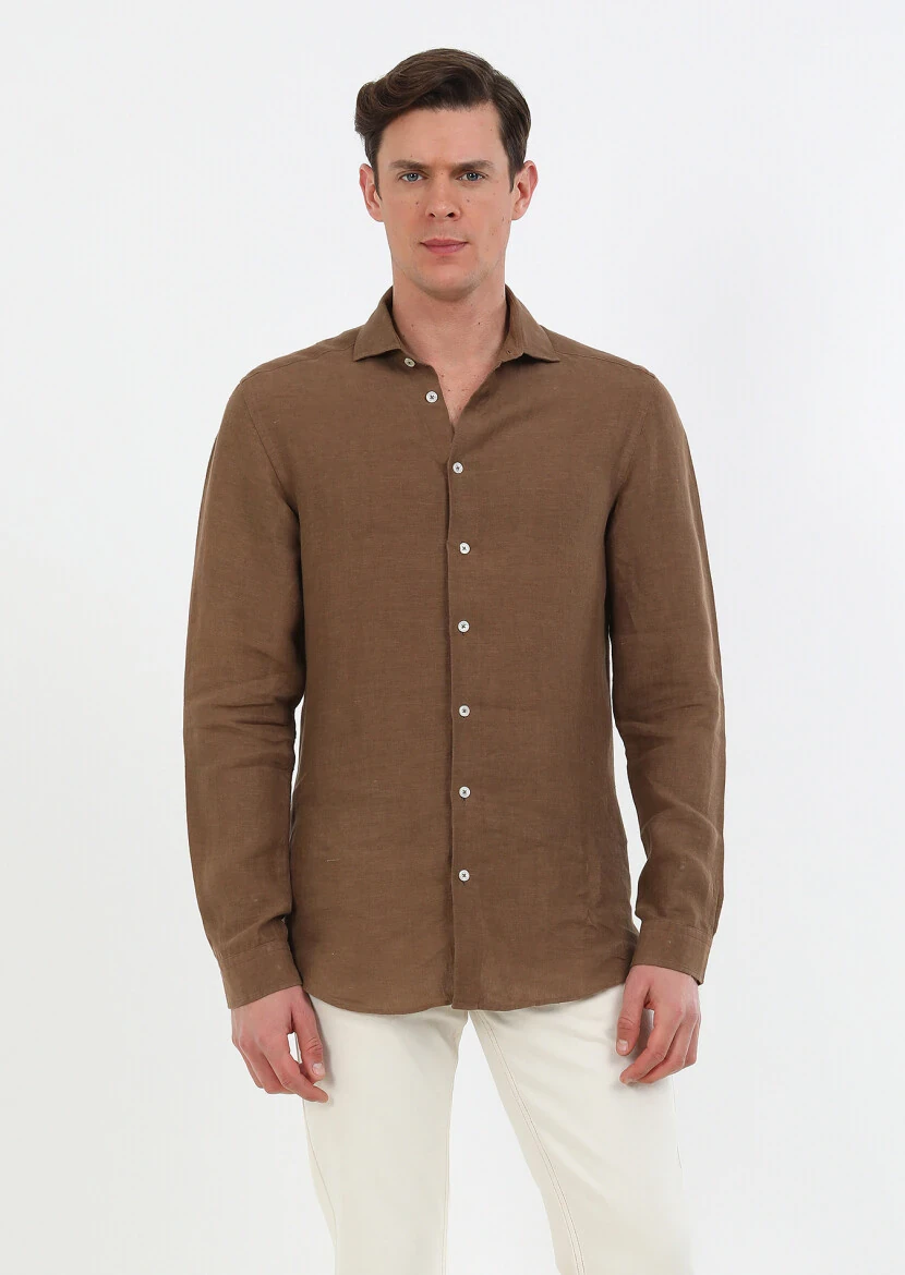 Brown Plain Regular Fit Weaving Casual 100% Linen Shirt - 1