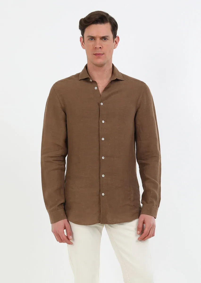 Brown Plain Regular Fit Weaving Casual 100% Linen Shirt - 1